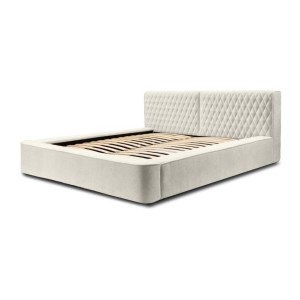 Lit coffre VERNON – Tissu chenille bouclé Lin naturel – 160x200 cm – Sommier relevable – Design haut de gamme 