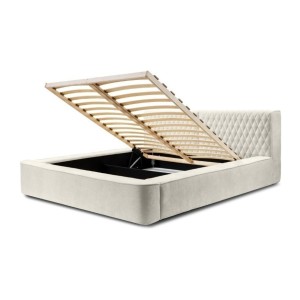 Lit coffre VERNON – Tissu chenille bouclé Lin naturel – 160x200 cm – Sommier relevable – Design haut de gamme 