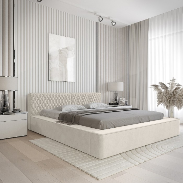 Lit coffre VERNON – Tissu chenille bouclé Lin naturel – 160x200 cm – Sommier relevable – Design haut de gamme 