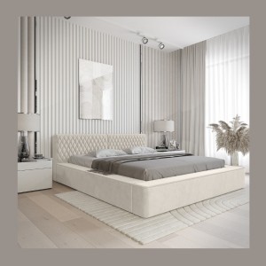 Lit coffre VERNON – Tissu chenille bouclé Lin naturel – 160x200 cm – Sommier relevable – Design haut de gamme 