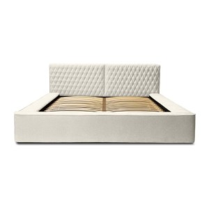 Lit coffre VERNON – Tissu chenille bouclé Lin naturel – 180x200 cm – Sommier relevable – Design haut de gamme 