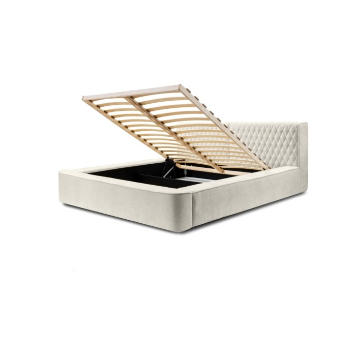 Lit coffre VERNON – Tissu chenille bouclé Lin naturel – 180x200 cm – Sommier relevable – Design haut de gamme 