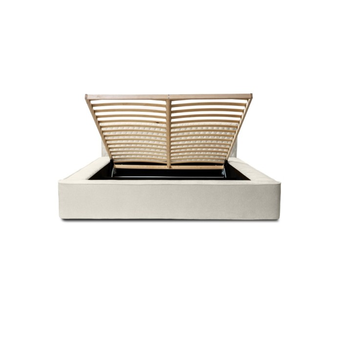 Lit coffre VERNON – Tissu chenille bouclé Lin naturel – 180x200 cm – Sommier relevable – Design haut de gamme 