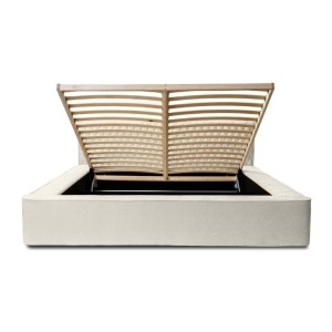 Lit coffre VERNON – Tissu chenille bouclé Lin naturel – 180x200 cm – Sommier relevable – Design haut de gamme 