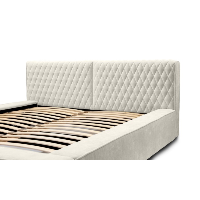 Lit coffre VERNON – Tissu chenille bouclé Lin naturel – 180x200 cm – Sommier relevable – Design haut de gamme 