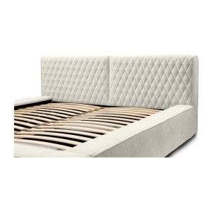 Lit coffre VERNON – Tissu chenille bouclé Lin naturel – 180x200 cm – Sommier relevable – Design haut de gamme 