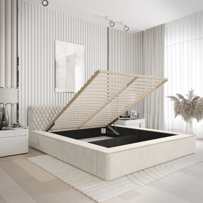 Lit coffre VERNON – Tissu chenille bouclé Lin naturel – 180x200 cm – Sommier relevable – Design haut de gamme 