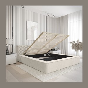 Lit coffre VERNON – Tissu chenille bouclé Lin naturel – 180x200 cm – Sommier relevable – Design haut de gamme 