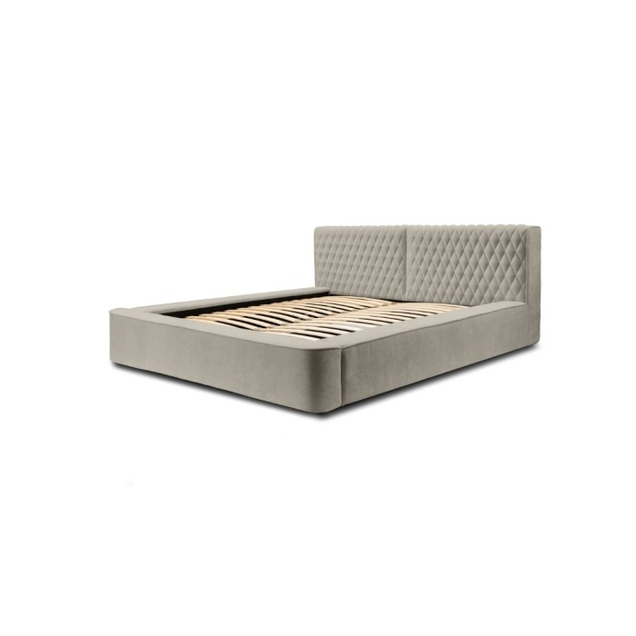 Lit coffre VERNON – Tissu chenille bouclé Taupe fumé – 140x200 cm – Sommier relevable – Design haut de gamme 