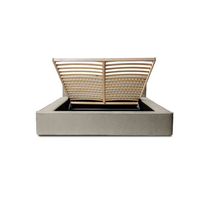 Lit coffre VERNON – Tissu chenille bouclé Taupe fumé – 140x200 cm – Sommier relevable – Design haut de gamme 