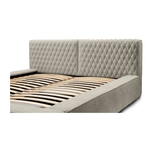 Lit coffre VERNON – Tissu chenille bouclé Taupe fumé – 140x200 cm – Sommier relevable – Design haut de gamme 