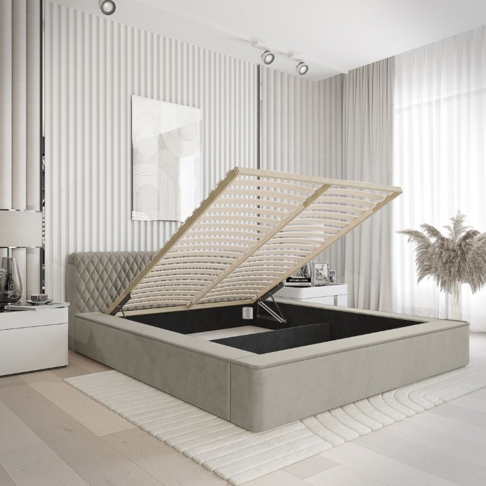 Lit coffre VERNON – Tissu chenille bouclé Taupe fumé – 140x200 cm – Sommier relevable – Design haut de gamme 