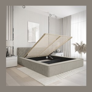 Lit coffre VERNON – Tissu chenille bouclé Taupe fumé – 140x200 cm – Sommier relevable – Design haut de gamme 