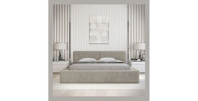 Lit coffre VERNON – Tissu chenille bouclé Taupe fumé – 160x200 cm – Sommier relevable – Design haut de gamme