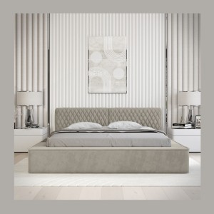 Lit coffre VERNON – Tissu chenille bouclé Taupe fumé – 160x200 cm – Sommier relevable – Design haut de gamme