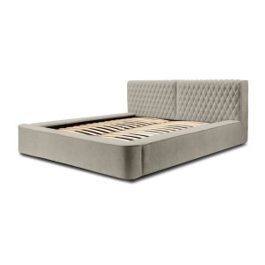 Lit coffre VERNON – Tissu chenille bouclé Taupe fumé – 160x200 cm – Sommier relevable – Design haut de gamme 