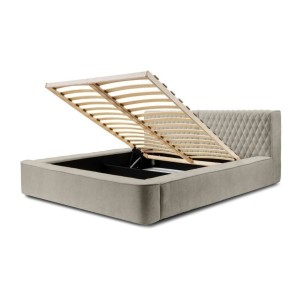 Lit coffre VERNON – Tissu chenille bouclé Taupe fumé – 160x200 cm – Sommier relevable – Design haut de gamme 