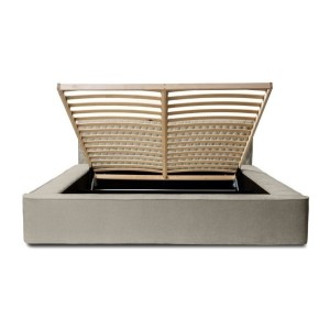 Lit coffre VERNON – Tissu chenille bouclé Taupe fumé – 160x200 cm – Sommier relevable – Design haut de gamme 