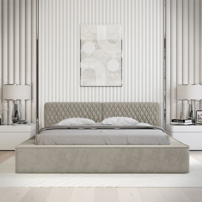 Lit coffre VERNON – Tissu chenille bouclé Taupe fumé – 180x200 cm – Sommier relevable – Design haut de gamme