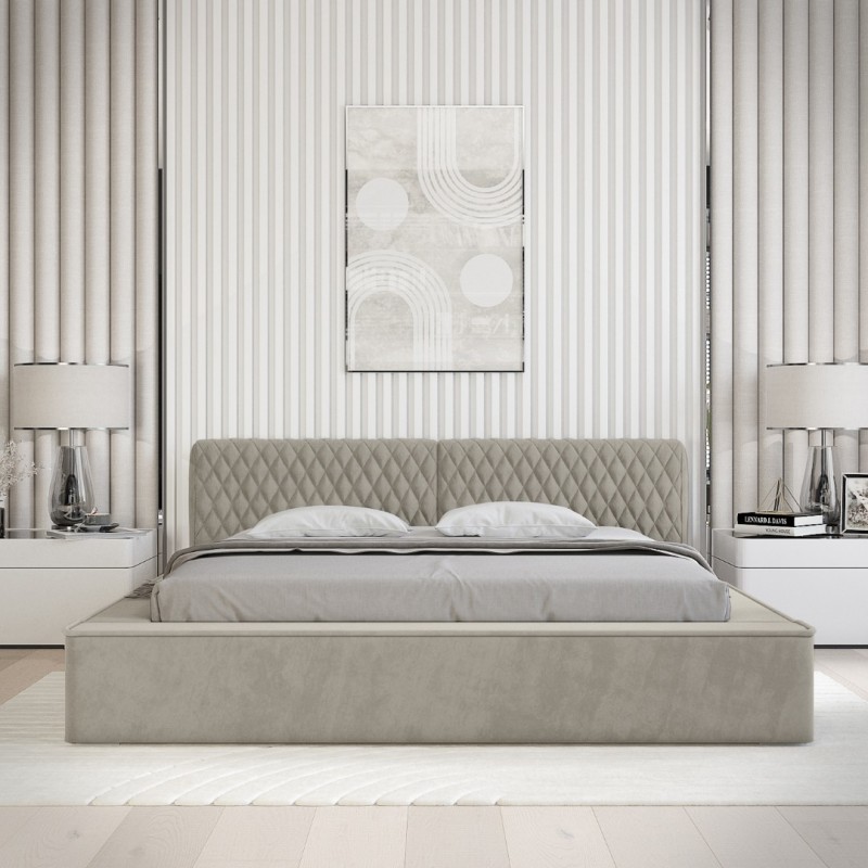 Lit coffre VERNON – Tissu chenille bouclé Taupe fumé – 180x200 cm – Sommier relevable – Design haut de gamme