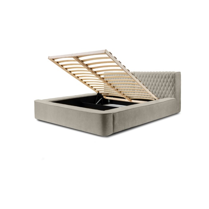 Lit coffre VERNON – Tissu chenille bouclé Taupe fumé – 180x200 cm – Sommier relevable – Design haut de gamme 