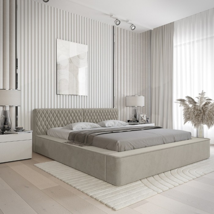 Lit coffre VERNON – Tissu chenille bouclé Taupe fumé – 180x200 cm – Sommier relevable – Design haut de gamme 