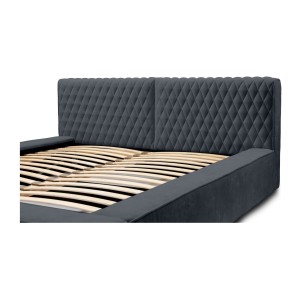 Lit coffre VERNON – Tissu chenille bouclé Charbon bleu – 140x200 cm – Sommier relevable – Design haut de gamme 