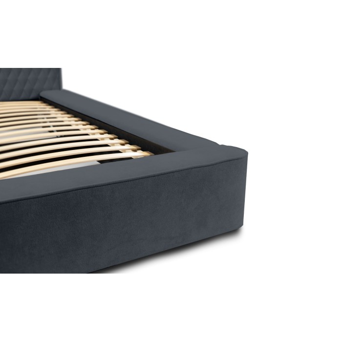 Lit coffre VERNON – Tissu chenille bouclé Charbon bleu – 140x200 cm – Sommier relevable – Design haut de gamme 