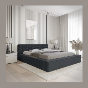 Lit coffre VERNON – Tissu chenille bouclé Charbon bleu – 140x200 cm – Sommier relevable – Design haut de gamme 