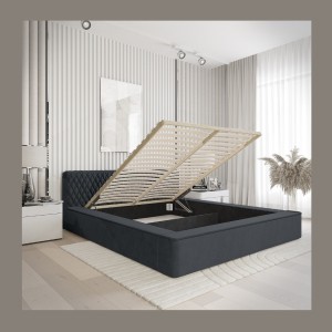 Lit coffre VERNON – Tissu chenille bouclé Charbon bleu – 140x200 cm – Sommier relevable – Design haut de gamme 