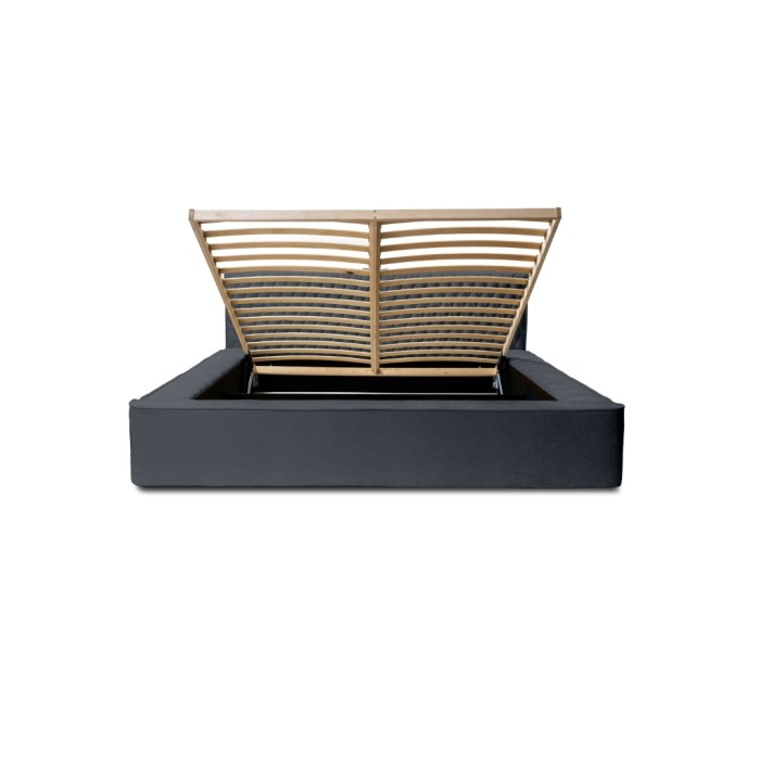 Lit coffre VERNON – Tissu chenille bouclé Charbon bleu – 160x200 cm – Sommier relevable – Design haut de gamme 