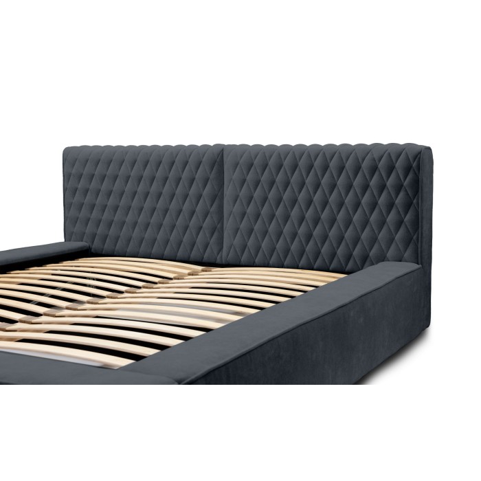 Lit coffre VERNON – Tissu chenille bouclé Charbon bleu – 160x200 cm – Sommier relevable – Design haut de gamme 