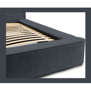 Lit coffre VERNON – Tissu chenille bouclé Charbon bleu – 160x200 cm – Sommier relevable – Design haut de gamme 