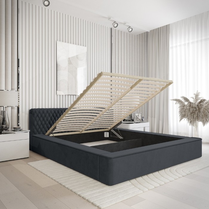 Lit coffre VERNON – Tissu chenille bouclé Charbon bleu – 160x200 cm – Sommier relevable – Design haut de gamme 