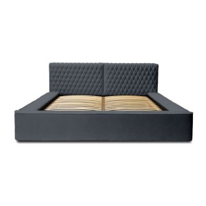 Lit coffre VERNON – Tissu chenille bouclé Charbon bleu – 180x200 cm – Sommier relevable – Design haut de gamme 