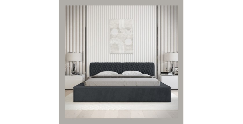 Lit coffre VERNON – Tissu chenille bouclé Charbon bleu – 180x200 cm – Sommier relevable – Design haut de gamme