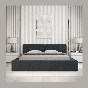 Lit coffre VERNON – Tissu chenille bouclé Charbon bleu – 180x200 cm – Sommier relevable – Design haut de gamme