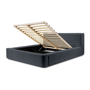 Lit coffre VERNON – Tissu chenille bouclé Charbon bleu – 180x200 cm – Sommier relevable – Design haut de gamme 