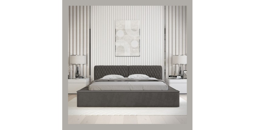 Lit coffre VERNON – Tissu chenille bouclé Anthracite profond – 140x200 cm – Sommier relevable – Design haut de gamme