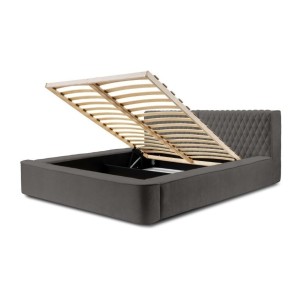 Lit coffre VERNON – Tissu chenille bouclé Anthracite profond – 140x200 cm – Sommier relevable – Design haut de gamme 