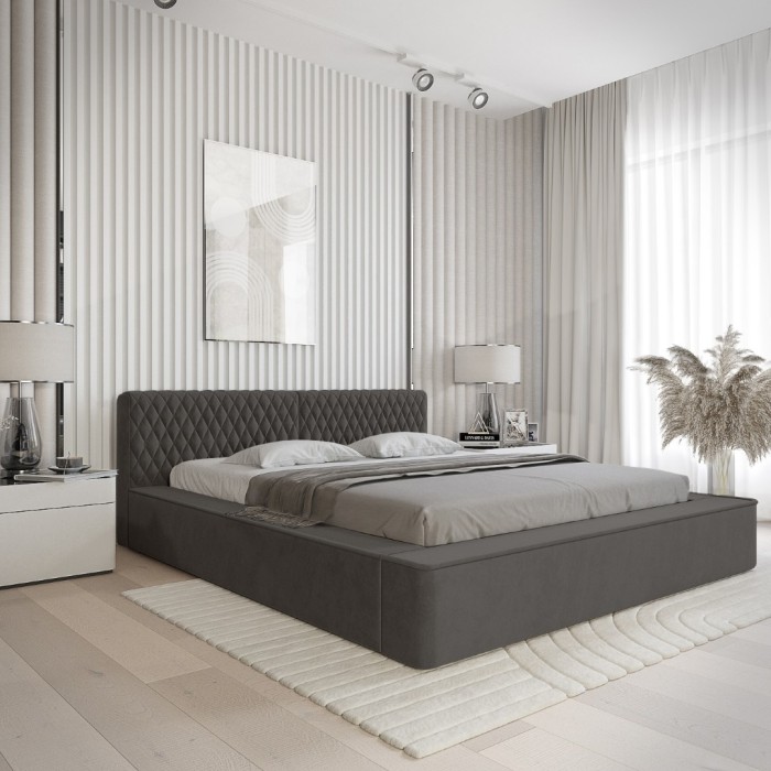 Lit coffre VERNON – Tissu chenille bouclé Anthracite profond – 140x200 cm – Sommier relevable – Design haut de gamme 