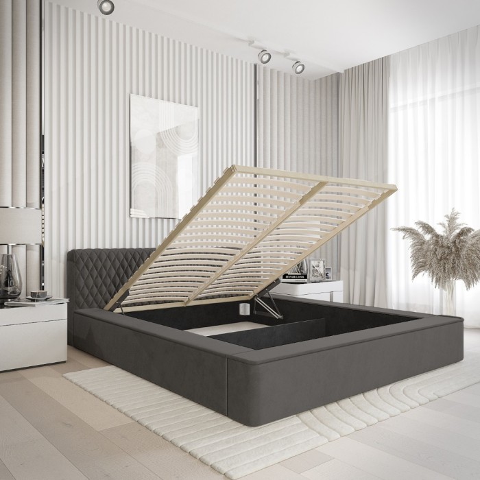 Lit coffre VERNON – Tissu chenille bouclé Anthracite profond – 140x200 cm – Sommier relevable – Design haut de gamme 