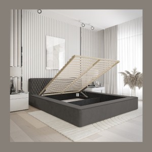 Lit coffre VERNON – Tissu chenille bouclé Anthracite profond – 140x200 cm – Sommier relevable – Design haut de gamme 