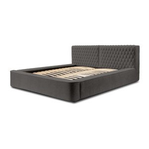 Lit coffre VERNON – Tissu chenille bouclé Anthracite profond – 160x200 cm – Sommier relevable – Design haut de gamme 