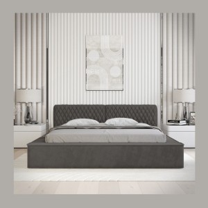 Lit coffre VERNON – Tissu chenille bouclé Anthracite profond – 180x200 cm – Sommier relevable – Design haut de gamme