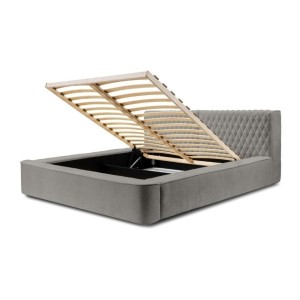 Lit coffre VERNON – Tissu chenille bouclé Cendre taupe – 140x200 cm – Sommier relevable – Design haut de gamme 