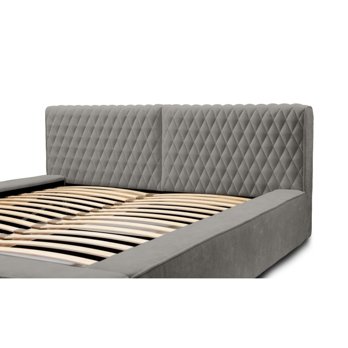 Lit coffre VERNON – Tissu chenille bouclé Cendre taupe – 140x200 cm – Sommier relevable – Design haut de gamme 