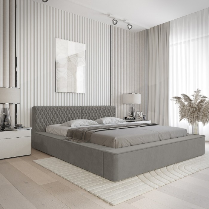 Lit coffre VERNON – Tissu chenille bouclé Cendre taupe – 140x200 cm – Sommier relevable – Design haut de gamme 