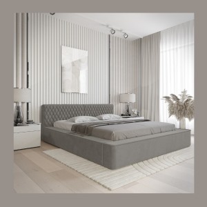 Lit coffre VERNON – Tissu chenille bouclé Cendre taupe – 140x200 cm – Sommier relevable – Design haut de gamme 