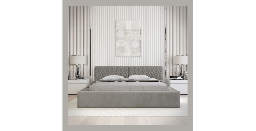 Lit coffre VERNON – Tissu chenille bouclé Cendre taupe – 160x200 cm – Sommier relevable – Design haut de gamme